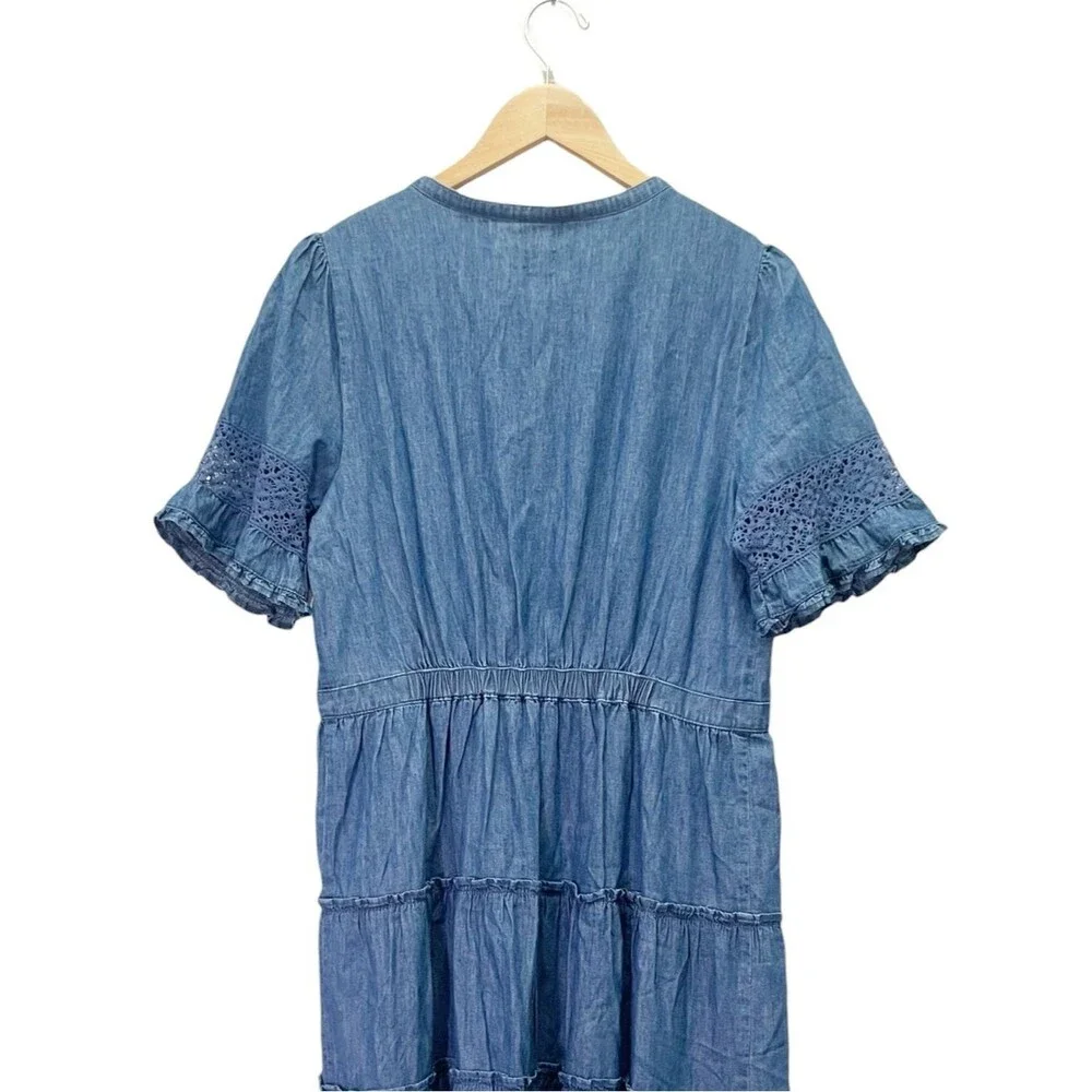 NWT Gap x LoveShackFancy Denim Tiered Midi Dress L Dark Wash Lace Button Front